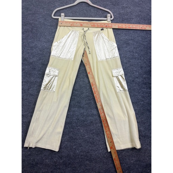 BCBGMAXAZRIA Cream Velour Cargo Pants Shiny Pockets Zip Hem Drawstring S - Picture 1 of 13